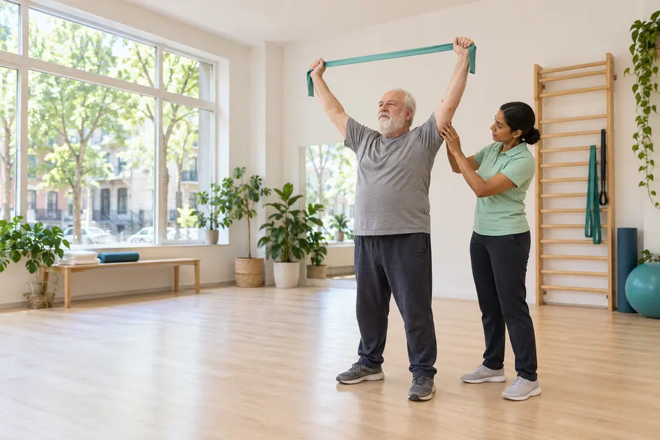 Une physiothérapeute guide un homme qui lève les bras avec un élastique.