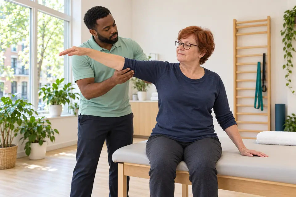 Un physiothérapeute soutient le coude d’une patiente pendant qu’elle lève le bras.