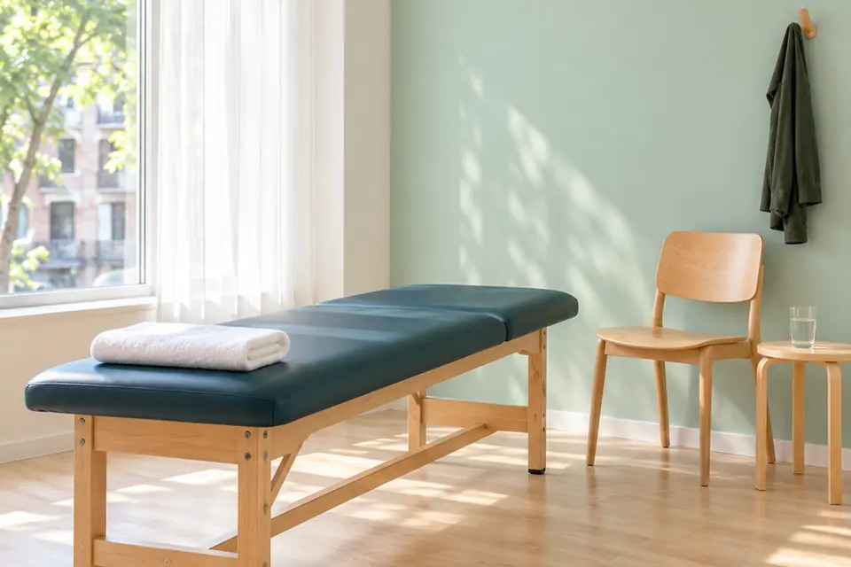 Une salle de traitement calme avec une table, une chaise et une fenêtre lumineuse.